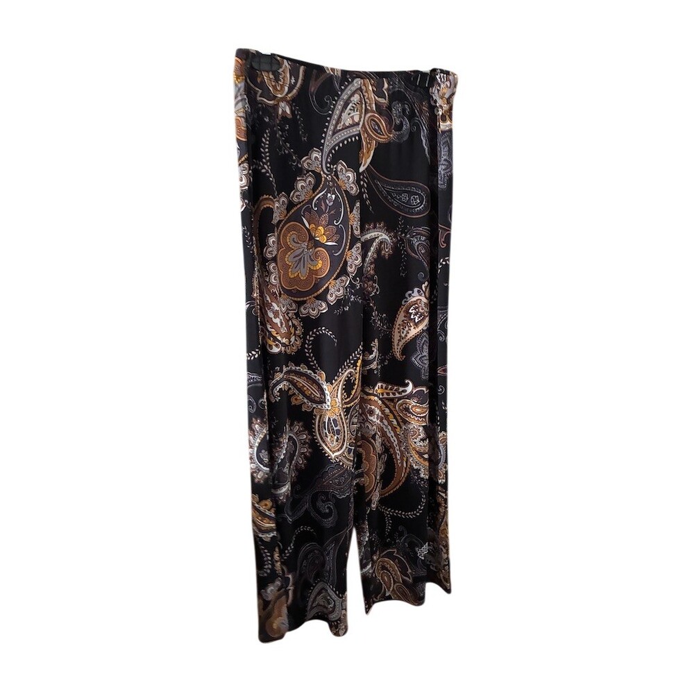 Susan Graver Pants Womens Petite S Black Paisley Wide-Leg Pull-On Workwear